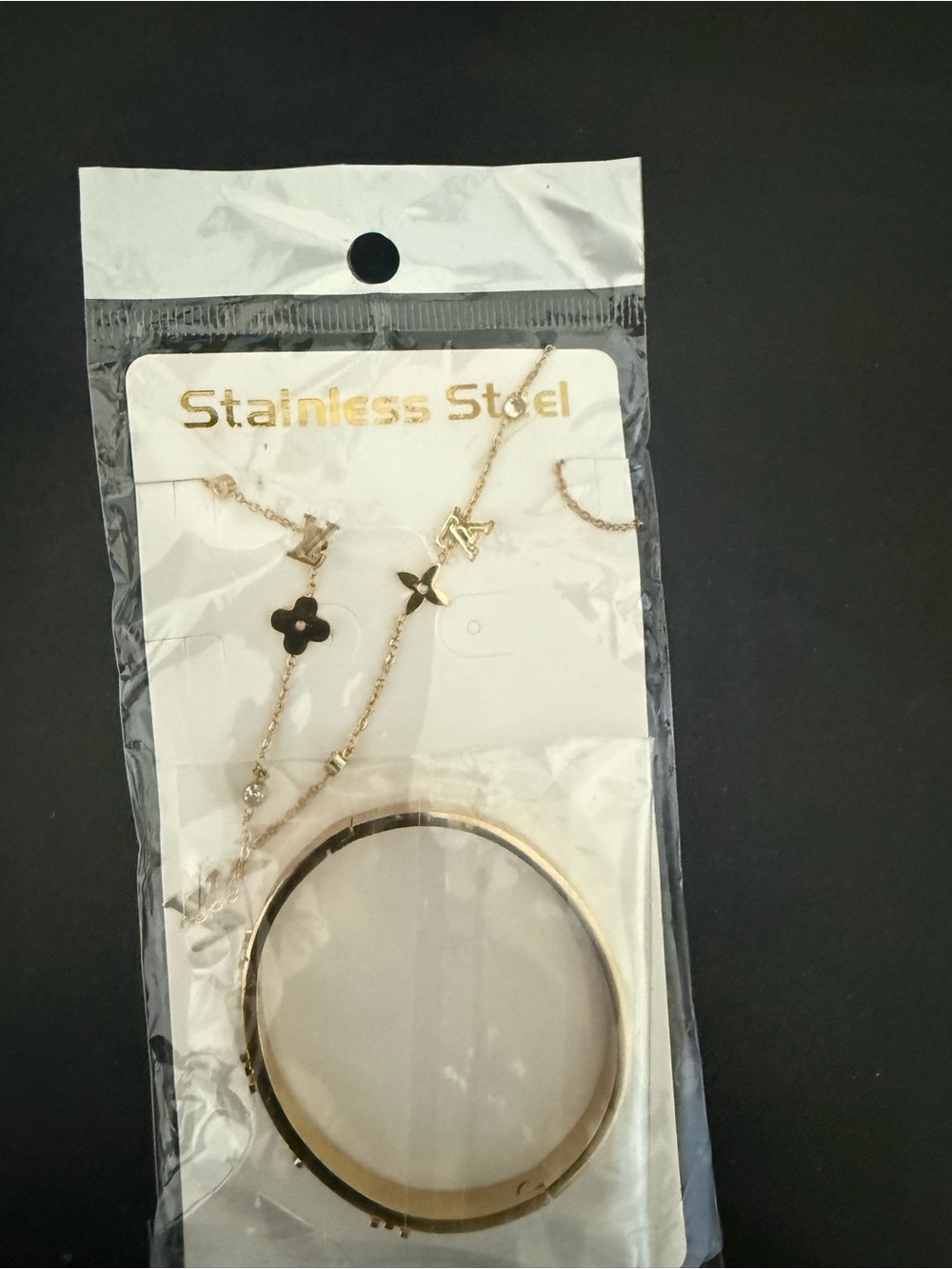 Gold Stainless Steel Women's Bracelet and Necklace Set - Gold